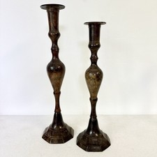 Vintage Pair Of Bronzite Candlestick Holders Enamel Painted 14