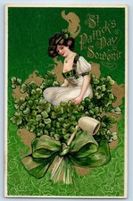 c1910's St. Patrick's Day Pretty Woman Shamrocks Pipe Winsch Back Postcard picture