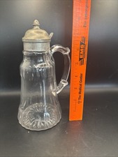 EAPG Uranium Glass Syrup Pitcher Vintage Vaseline Molasses Jug Metal Lid Glows picture
