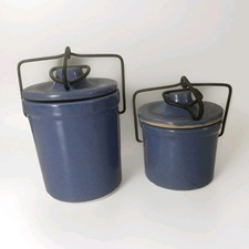 2 Vintage Blue Stoneware Cheese Crock with Lid 5 in & 3.5 in picture