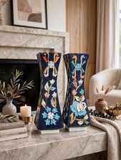 Pair Lapis Lazuli Vase Set Beautiful Inlay Pietra Dura Floral Handmade picture
