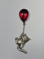 JJ Jonette Lapel Pin Pewter Cat Dangling from Red Cabochon Balloon picture