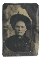 Tintype c. 1880s Woman in Mourning Dress Fancy Feather Hat Tinted picture