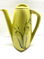 VTG Winfield Pottery Coffee Tea Pot Yellow with Handpainted Leaves 1950's MCM picture