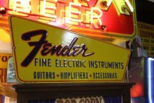 RARE LARGE FENDER GUITAR AUTHORIZED DEALER PORCELAIN METAL SIGN AMP ROCK BEATLES picture