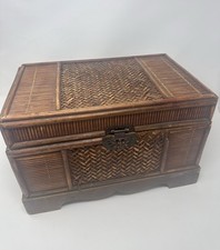 Vintage Rattan /wooden Lidded Treasure Box Trinket Box Tabletop Treasure Chest picture