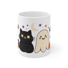 Cute Halloween Mug Black Cat Ghost Coffee Mug Spooky Fall Gift 11oz picture