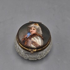 Antique French Cut Crystal Round Trinket Box Portrait Lady Hinged Lid Mirror picture