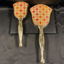 Vintage Vanity Set Hand Mirror & Brush Gold Tone Embroidered Pink Orange Diamond picture