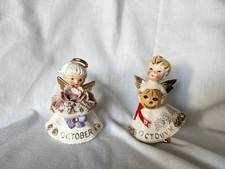 Vtg Lefton October Birthday Angel Figurines Set of 2 Halloween Pumpkin Cosmos picture