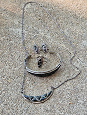 Vtg Navajo Sterling Silver Black Onyx Cuff Bracelet Ring Necklace Earring Set picture