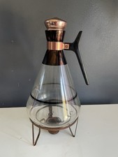 Vintage MCM Glass Coffee Carafe Copper Warmer Stand Black Handle Atomic Retro picture