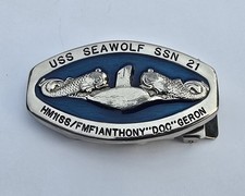 US Navy USS Seawolf SSN-21 Belt Buckle HM1(SS/FMF) Submarine Dolphins Vintage  picture