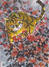 LinLi888 Lin Li Art ACEO Original Acrylic Painting Cat Flowers 26092102 picture