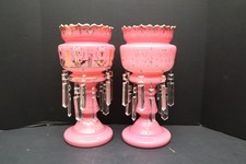 Pair Antique Bohemian Mantle Lusters Pink Glass With Crystals SIGNED Large 14.5