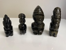 Set of 4 Vtg Obsidian Hand Carved Aztec Mayan Figures 3 w/Gold Sheen 4-6” picture