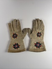 Antique Native American Beaded Buckskin Leather Gauntlet Gloves Floral Lined picture