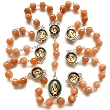 Catholic Orange Moonstone Beads Seven 7 Sorrows Of Mary Rosary Necklace Gift BOX picture