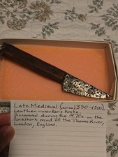 Late Medieval English Leather Workers Knife w/ Wooden Handle - 1350 To 1500 picture