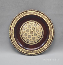Vintage Decorative Varnished Wooden Plate Brown Pearl Inlay Round Mid Century picture