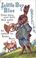 LITTLE BOY BLUE EASTER GREETINGS gold ink c1910 antique postcard holidays picture