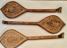 Vintage Hand Carved Wooden Tiki Dance Paddle Wall Art 21” Folk Art Decor Set 3 picture