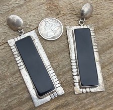 18g Vintage Navajo Sterling Black Onyx Earrings NANCY ELBY Collection 2.5” LONG picture