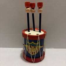 RARE Vintage Patriotic Drum Pencil Holder with Eagle Pencils Americana Wood USA picture