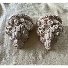 Vintage Wall Plaques set 2 Pocket Vases fruits cream neutral decor Pair Sconces picture