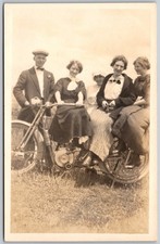 c1910 Group on Early Motorcycle Women Edwardian Dress ANTIQUE Postcard 10337 picture