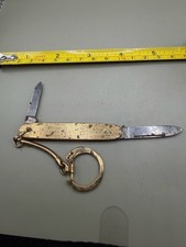 Vintage Gold Tone 2 Blade Pocket Knife Keychain Crown USA Engine Turned As Is picture