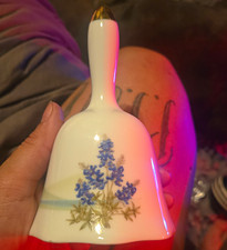 Otagiri Japan White Glazed Ceramic Hand Bell w/ Handle Blue Floral Gold picture