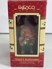 Vintage 1990 Enesco Christmas Holiday Tree Ornament TEDDY'S SUSPENDERS Bear picture