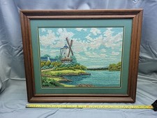 Vintage Japanese Bunka Embroidery Windmill Scene Framed Matted 21.5