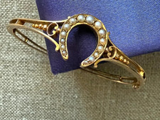 Victorian Seed Pearl Openable Horseshoe Bangle 14k Yellow Gold Plated 7.5