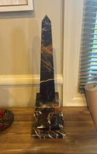 Marbled Marble Obelisk Sculpture Polished Black/Brown/White w/ Base 18 in picture