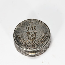 Vintage Catholic Pyx Box, IHS Holy Chalice Sterling Silver Religious Box picture