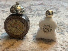 Lot of 2 Vintage Avon Clock Cologne Decanters - Silver & White Milk Glass Clock picture