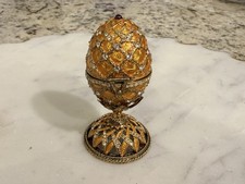 Coronation Egg Trinket Box Gold Enamel Rhinestone Hinged Coach Surprise w Stand picture