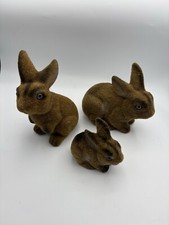Vintage Set Of 3 Flocked Plastic Bunny Rabbit Realistic Brown Figurine Easter picture