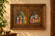 Vintage Wooden Wall Art Hand Carved Indian Krishna and Gopis Panel Paper Art picture