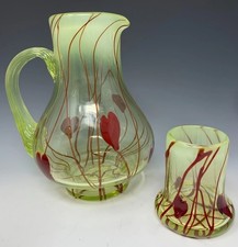 Vintage RARE Gibson Glass Red Hanging Hearts Vaseline Glass Tumble Up Set UG picture