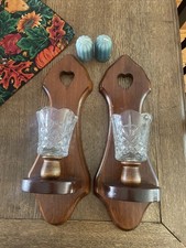 Pair Of Vintage Wooden Wall Sconces Glass Candle Holders Candles picture