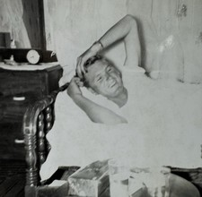 Vtg Photo Young Man Smiling & Playing With His Hair In Bed Gay Int picture