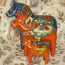 3 Vintage Nils Olsson Sweden Folk Art Swedish Horses Christmas Decor Blue , Red/ picture