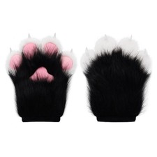 HAOAN Furry Faux Fur Fox Cat Paws Gloves Animal Fursuit One Size, Black White picture