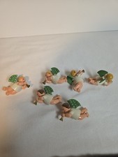 Vintage Wendt & Kuhn Flying Angels Horn Green Wings Germany Erzgebirge Set of 6 picture