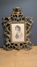 Antique Victorian Ornate Gold Tone Cast Metal Picture Frame Floral Portrait picture