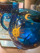 Vintage Inspired Teal/Blue Glass Celestial Mugs Sun Moon Stars Set Of 2 picture