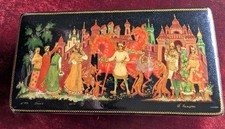VTG Large Lacquer Russian Hand Painted Trinket Box Signed picture